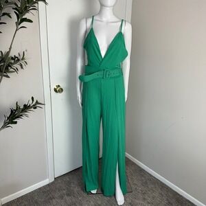 Micas Green Plisse Jumpsuit‎ Belted Wide Leg Slit Spaghetti Strap Romper Size M